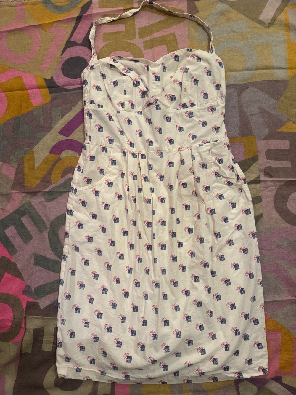 GIRLS FROM SAVOY Ivory White Halter Sundress with Red & Navy Paris Print